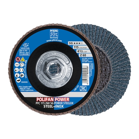 Pferd 4-1/2" x 5/8-11 Thd. POLIFAN Flap Disc - Z SG POWER STEELOX, Zirconia, 60 Grit, Conical 62323